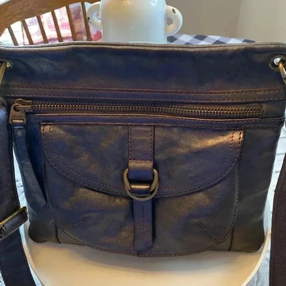Fossil Leather Grey Rustic Crossbody Shoulder Bag Purse ~ Brass Hardware - Picture 8 of 14